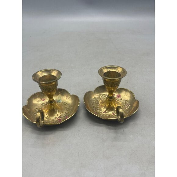 set of 2 Vintage Bedside Candlestick Portable holder made in India embossed READ - Picture 5 of 8